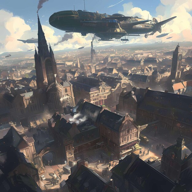 Photo majestic steampunk cityscape with flying airships