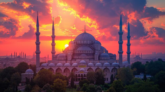 majestic sultan ahmed mosque blue mosque domes and minarets silhouetted at sunset