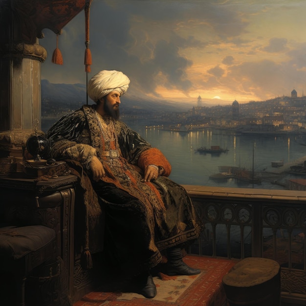 Photo the majestic sultan rembrandt's 8k masterpiece of sultan mehmed ii in constantinople