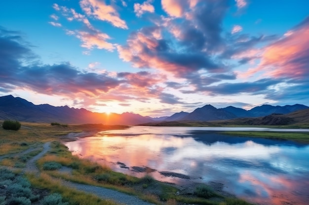 Photo majestic sunrise at lower multa lake capturing altai's famous natural attraction and russia's breat