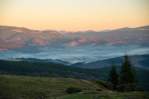 Majestic sunrise in the mountains landscape . Dramatic scene. Carpathian, Ukraine, Europe. Sunrise in the mountains.  Instagram toning effect. Purple sunrise in the mountains