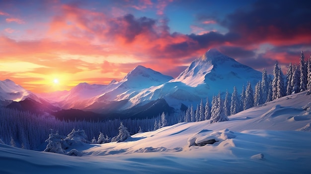 冬の山の風景の雄大な日の出