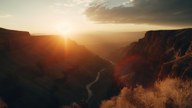 A majestic sunset over a canyon with dramatic shadows and highlights