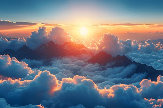 雲 に 覆わ れ た 山 の 頂上 に 輝く 壮大な 夕暮れ