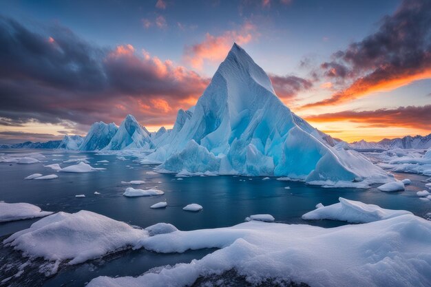 Foto maestoso tramonto sulle cime ghiacciate una sinfonia glaciale nelle montagne ghiacciati dell'islanda