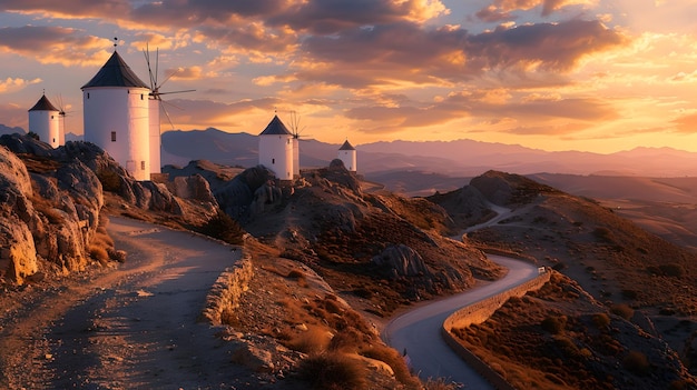 Photo majestic sunset over historical windmills on rocky terrain ethereal sky travel inspiration perfect for postcards surreal landscape photography ai