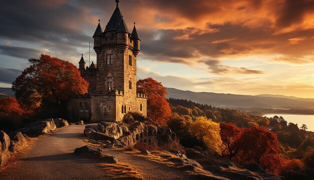 Foto il maestoso tramonto illumina l'antica cappella la bellezza della natura nell'architettura gotica generata dall'ai