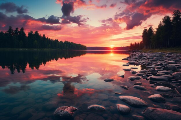 湖の上の壮大な夕暮れ 色とりどりの夏の風景