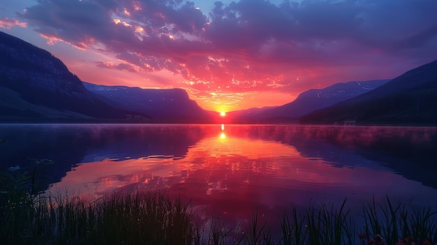 山 を 背景 に し て 湖 を 眺める 壮大な 夕暮れ