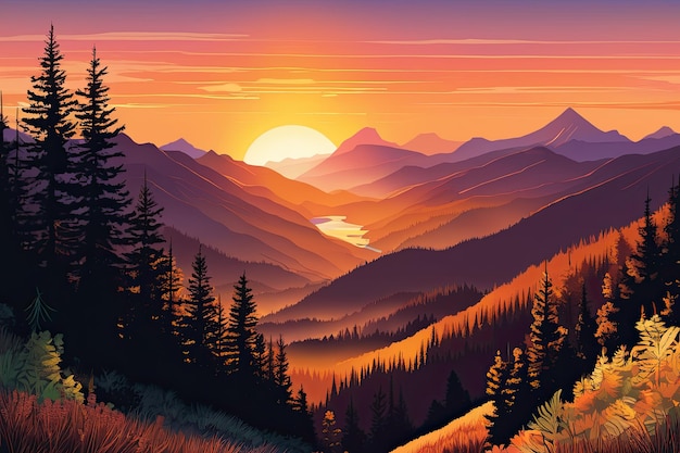 Majestic Sunset Over Layered Mountain Landscape