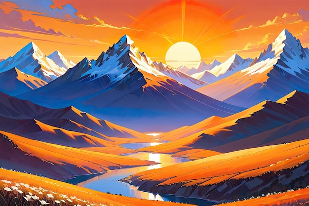 Majestic Sunset Over Layered Mountain Landscape