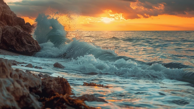 Majestic Sunset Over Ocean Waves Crashing Against Rocky Shoreline with Vibrant Sky