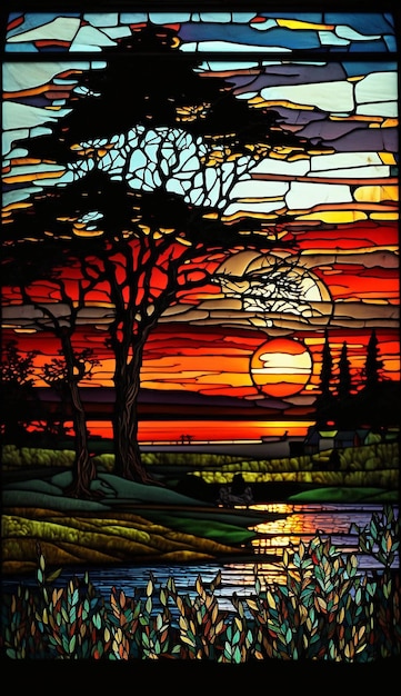 Majestic Sunset Plains Stained Glass Landscape Generative ai