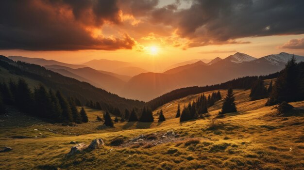 Majestic Sunset Over a Serene Mountain Landscape Generative AI