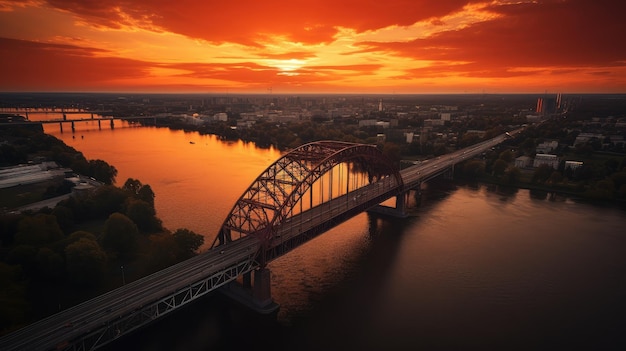 Majestic Sunset Over Urban River Bridge