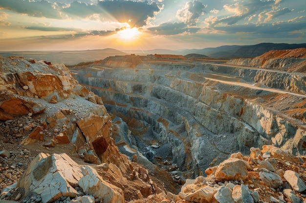 Majestic Sunset Over Vast Open Pit Mining Landscape with Striking Warm Light and Cloudy Sky