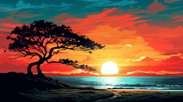 雄大な夕日のビーチの絵の鮮やかな木