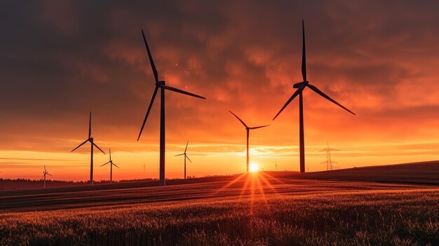 Majestic sunset view behind wind turbines in a vast agricultural field