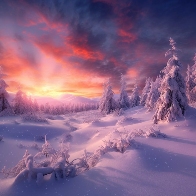 Majestic sunset in the winter mountains landscape Dramatic sky