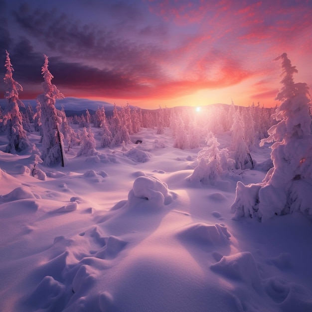 Majestic sunset in the winter mountains landscape Dramatic sky