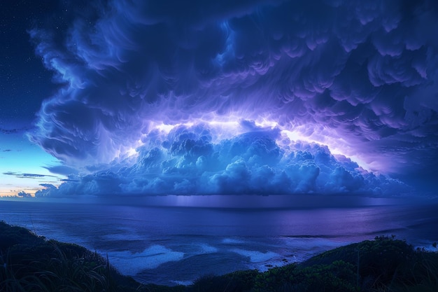 Majestic supercell over ocean at night