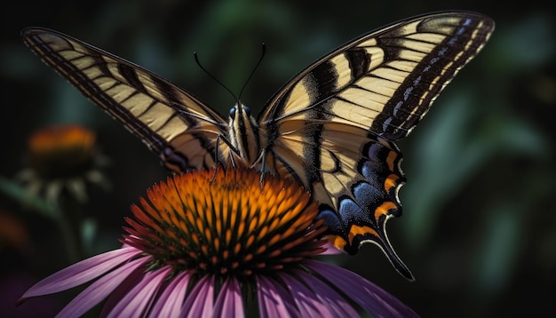 AI が生成した一輪の紫色の花に受粉する雄大なアゲハ蝶