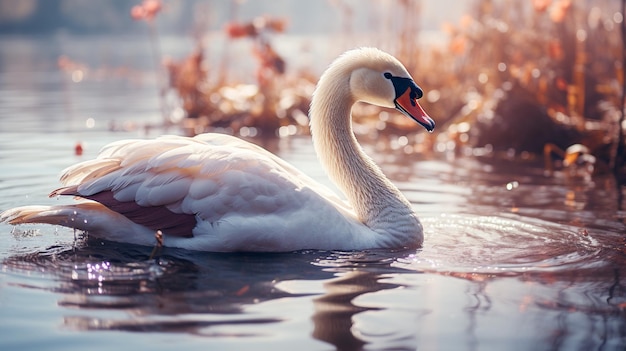 静かな池の水に自然の美しさを映す雄大な白鳥