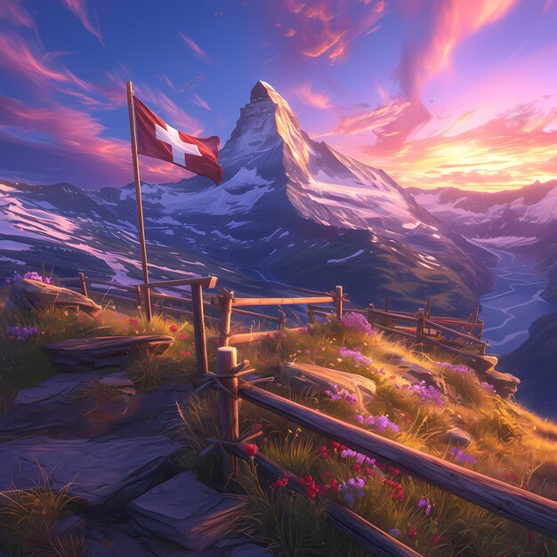 Premium Photo Majestic Swiss Alps Sunset With Flag Fence Flowers Premium Photo Majestic Swiss Alps Sunset With Flag Fence Flowers