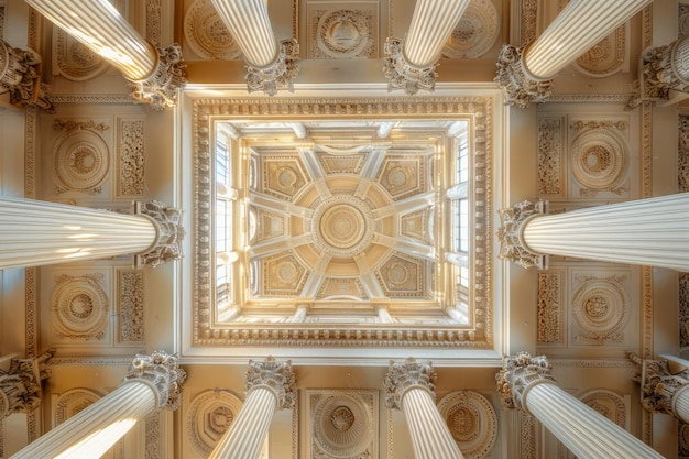 고전 건축에서 웅장한 대칭 천장 디자인은 장식된 기둥과 정교한 특징을 가지고 있습니다.