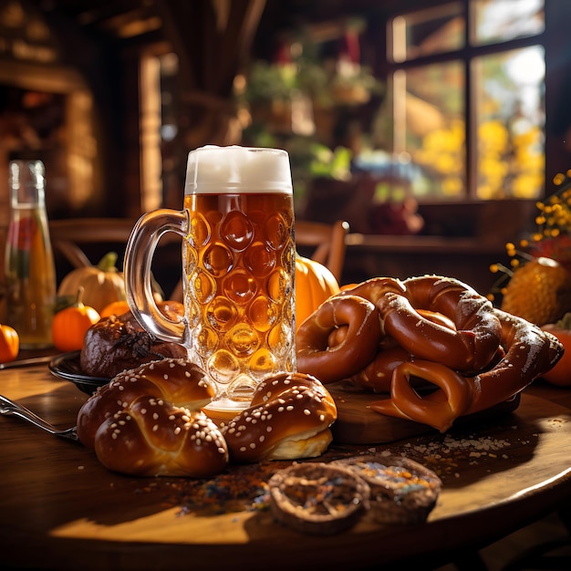 A majestic table at magnificent exquisite picturesque Oktoberfest filled with freshly baked lovely