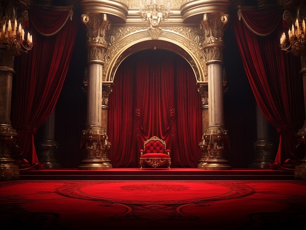 A majestic throne room with red velvet curtain