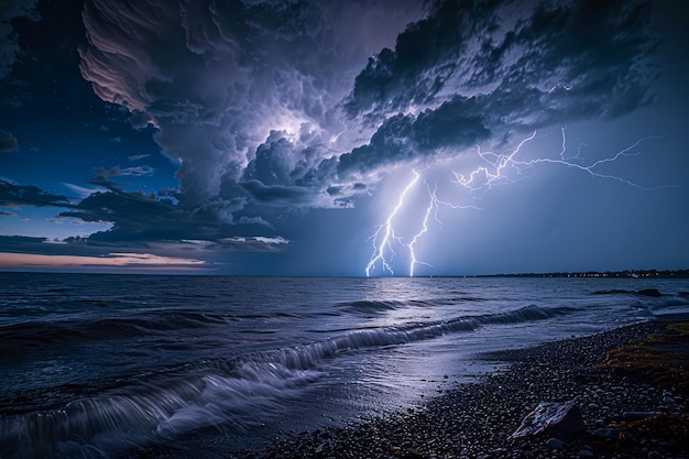 Foto maestosa tempesta sopra l'oceano di notte con fulmini che illuminano il cielo e le onde