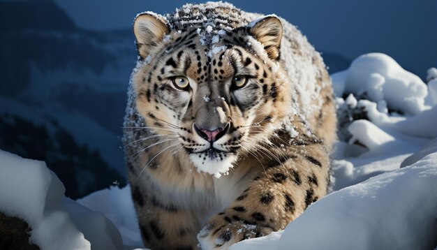 Foto maestosa tigre feroce cacciatore fissando la foresta coperta di neve tranquilla natura selvaggia generata dall'ai