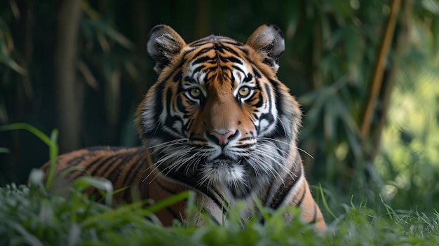 Majestic tiger lounging in lush greenery vivid wildlife portrait in natural habitat captivating animal gaze AI