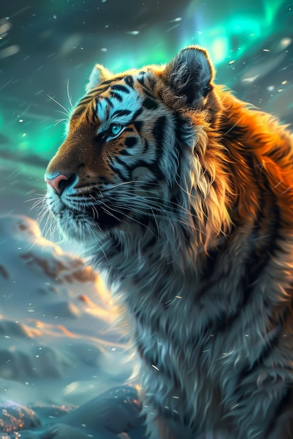 Majestic Tiger in Mystic Blue Fantasy Landscape with Shimmering Lights and Snowflakes Illustration