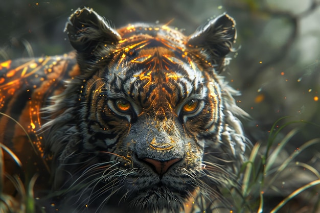 Majestic Tiger Portrait with Intense Gaze in a Mystical Forest Striking Wildlife Photography