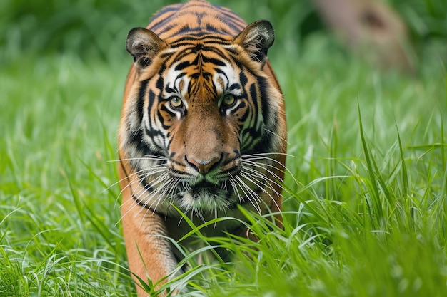 ジャングル の 草 の 中 を 歩き回っ て いる 壮大な 虎