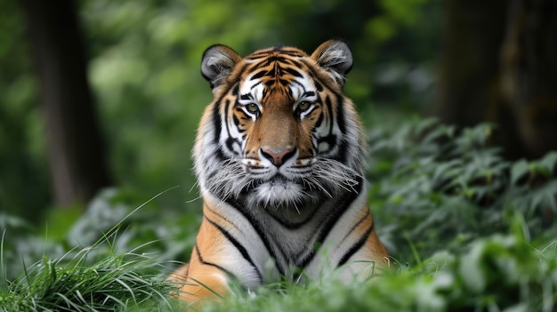 Величественный тигр отдыхает в пышном зеленом лесу