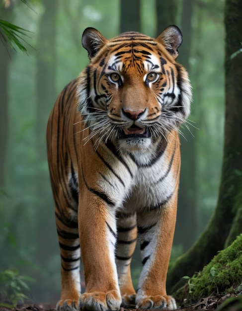 Фото Величественный тигр блуждает по пышному лесу.
