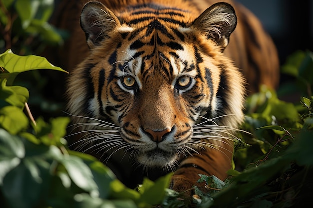 Majestic tiger between shadows in the lush jungle generative IA