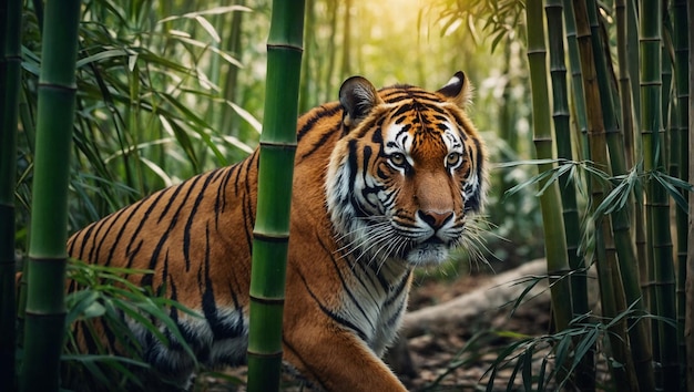 Величественный тигр преследует свою добычу в бамбуковом лесу