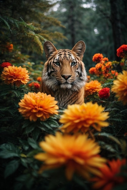 A majestic tiger standing among a vibrant field of flowers