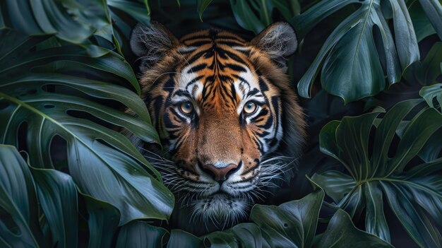 A majestic tiger staring intently from behind lush green tropical leaves