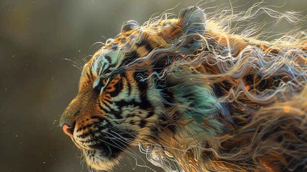 Majestic tiger with flowing golden and blue mane symbol of strength and courage Perfect for representing power ferocity and beauty