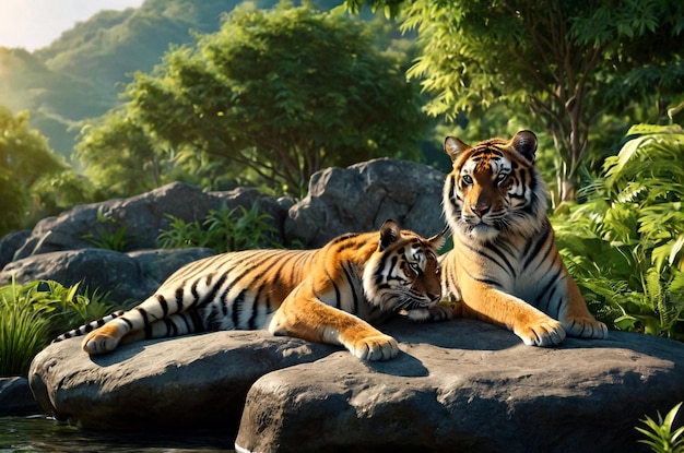 Majestic tigers resting in their natural habitat wilderness Two stunning tigers lounge on rocks amid