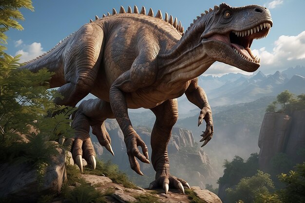 Величественный высокий динозавр стоит на обрыве потрясающе высокой скалы.
