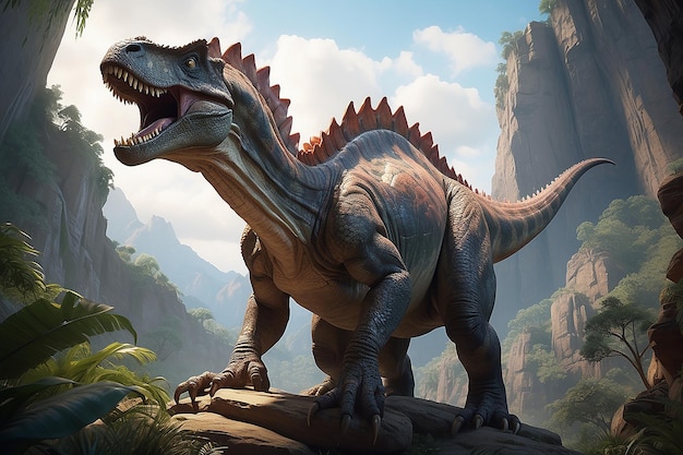 Величественный высокий динозавр стоит на обрыве потрясающе высокой скалы.
