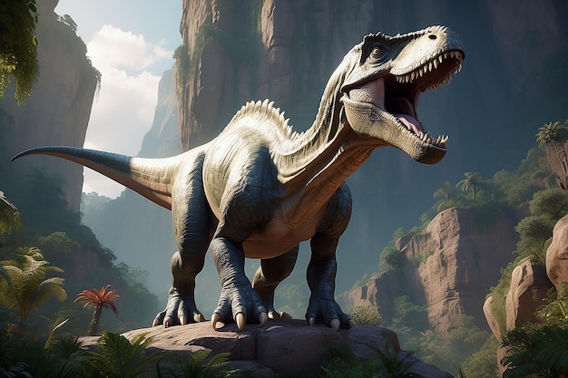 Величественный динозавр стоит на обрыве захватывающе высокой скалы