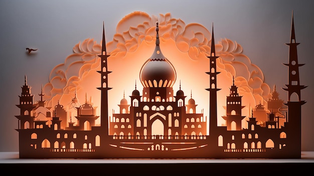 величественные башни минаретов мечети в стиле вырезки из бумаги