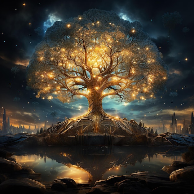 장엄한 생명의 나무 반짝임과 빛의 마법의 전시 Generative Ai
